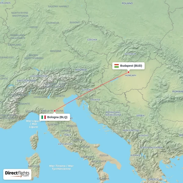 Budapest - Bologna direct flight map