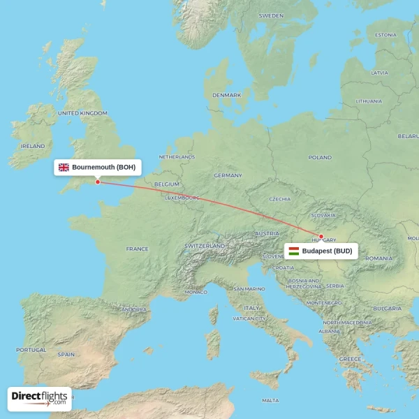 Budapest - Bournemouth direct flight map