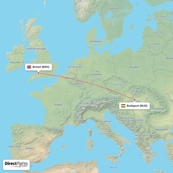 Budapest - Bristol direct flight map