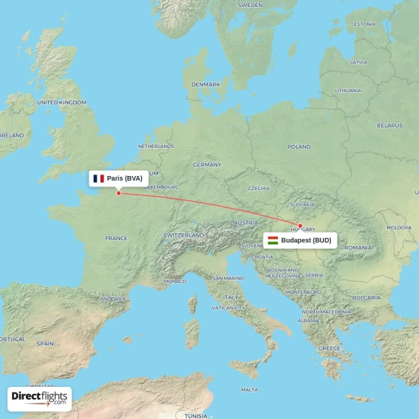 Budapest - Paris direct flight map