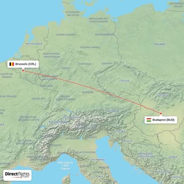 Budapest - Brussels direct flight map