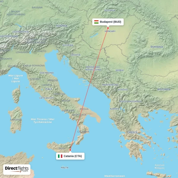 Budapest - Catania direct flight map