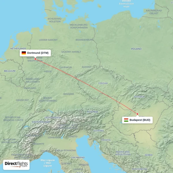 Budapest - Dortmund direct flight map