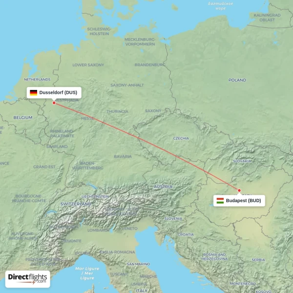 Budapest - Dusseldorf direct flight map