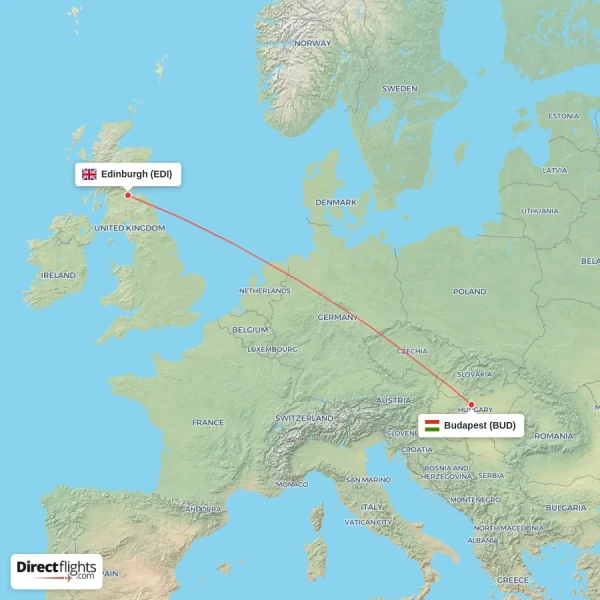 Budapest - Edinburgh direct flight map