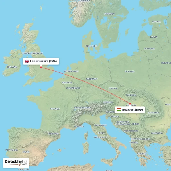 Budapest - Leicestershire direct flight map
