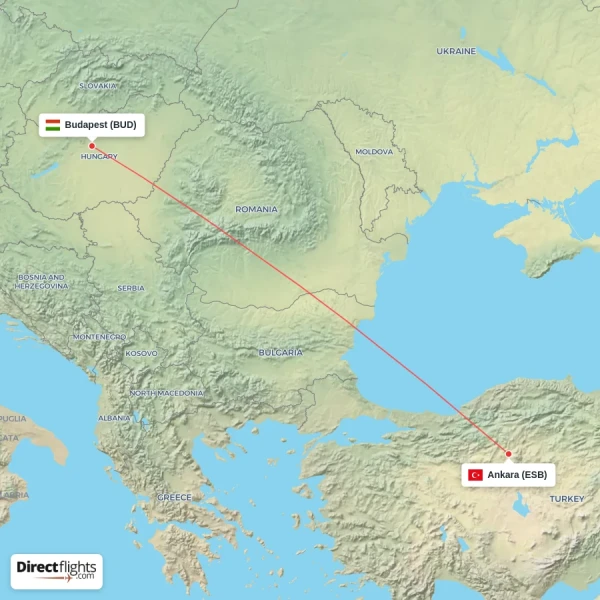 Budapest - Ankara direct flight map
