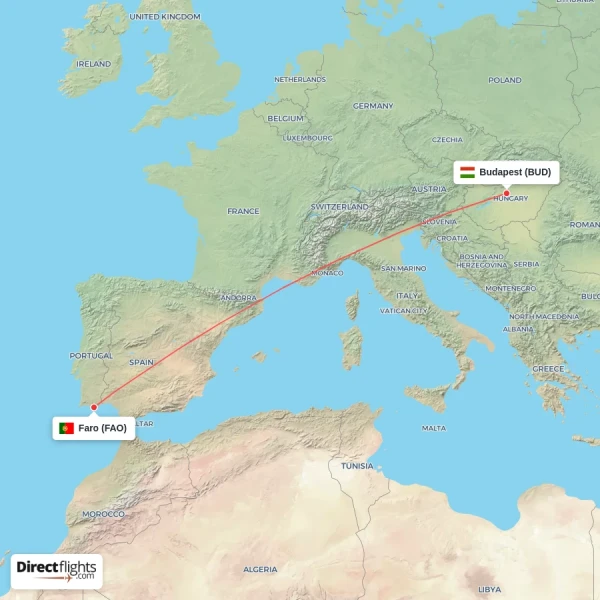 Budapest - Faro direct flight map