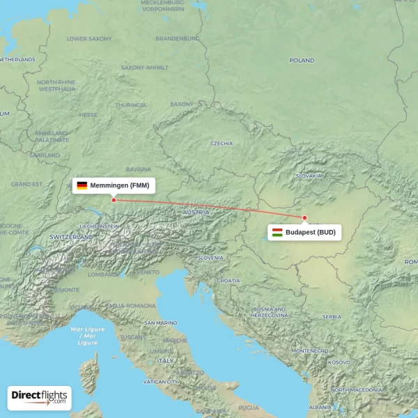 Budapest - Memmingen direct flight map