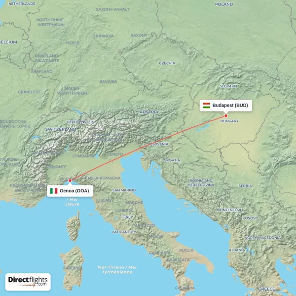 Budapest - Genoa direct flight map