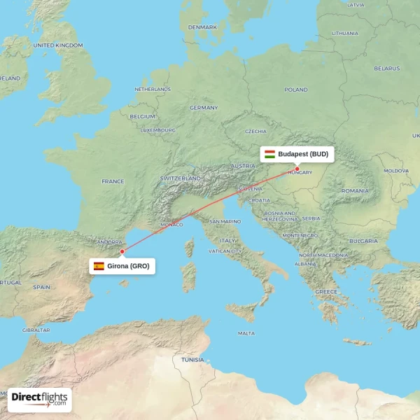 Budapest - Girona direct flight map