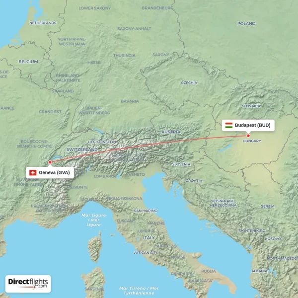 Budapest - Geneva direct flight map
