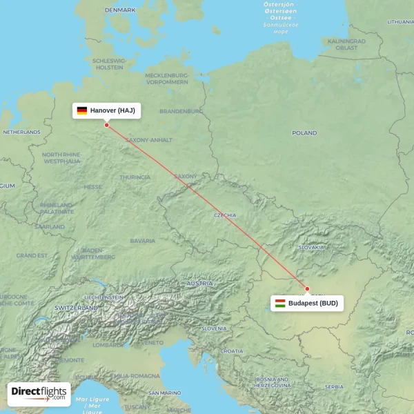 Budapest - Hanover direct flight map