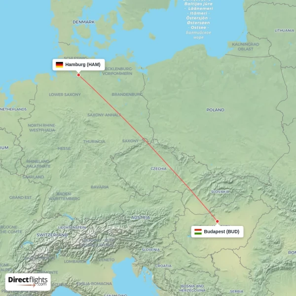 Budapest - Hamburg direct flight map