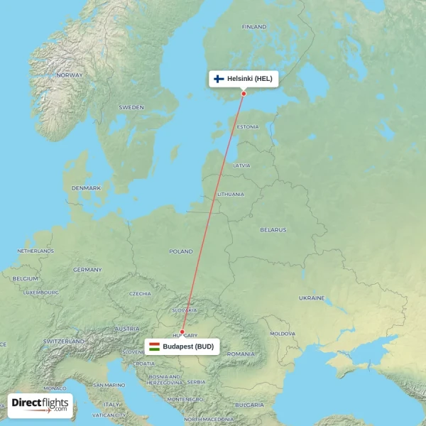Budapest - Helsinki direct flight map