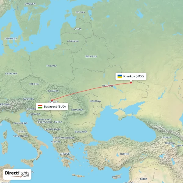 Budapest - Kharkov direct flight map