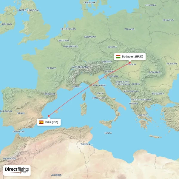 Budapest - Ibiza direct flight map