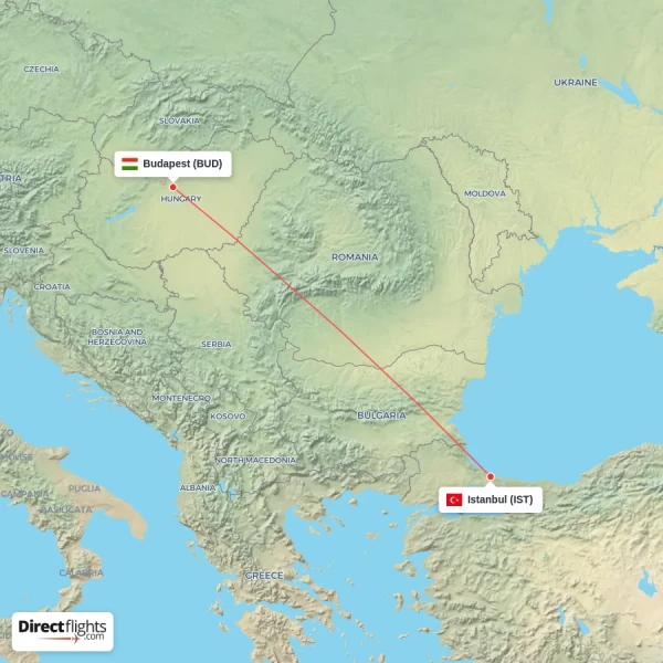 Budapest - Istanbul direct flight map