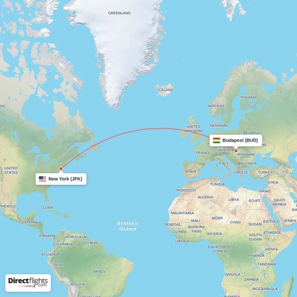 Budapest - New York direct flight map