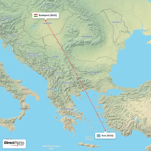 Budapest - Kos direct flight map