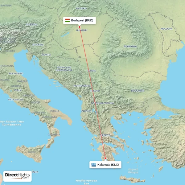 Budapest - Kalamata direct flight map