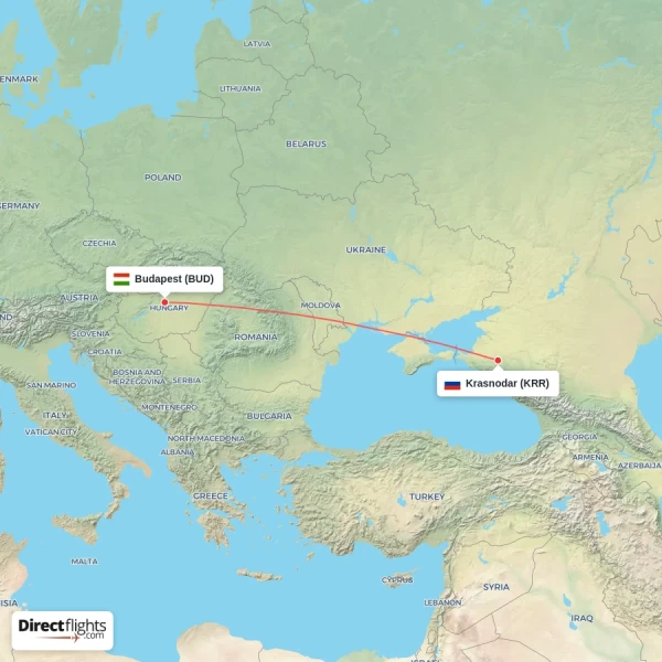 Budapest - Krasnodar direct flight map