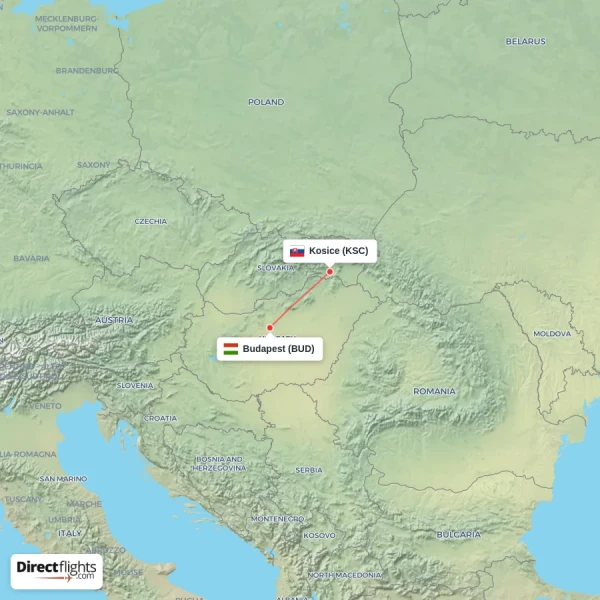Budapest - Kosice direct flight map