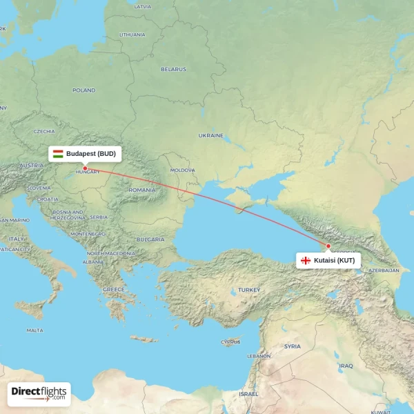 Budapest - Kutaisi direct flight map