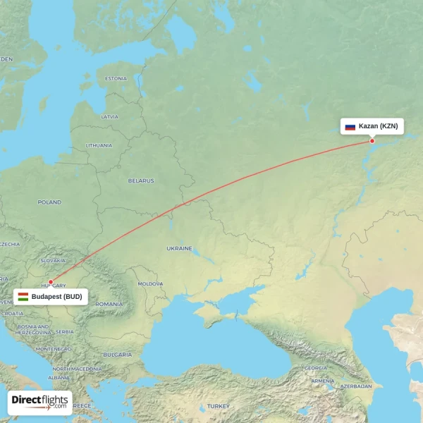 Budapest - Kazan direct flight map