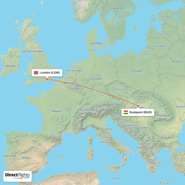 Budapest - London direct flight map