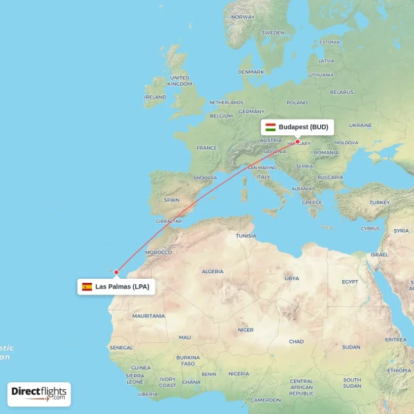 Budapest - Las Palmas direct flight map