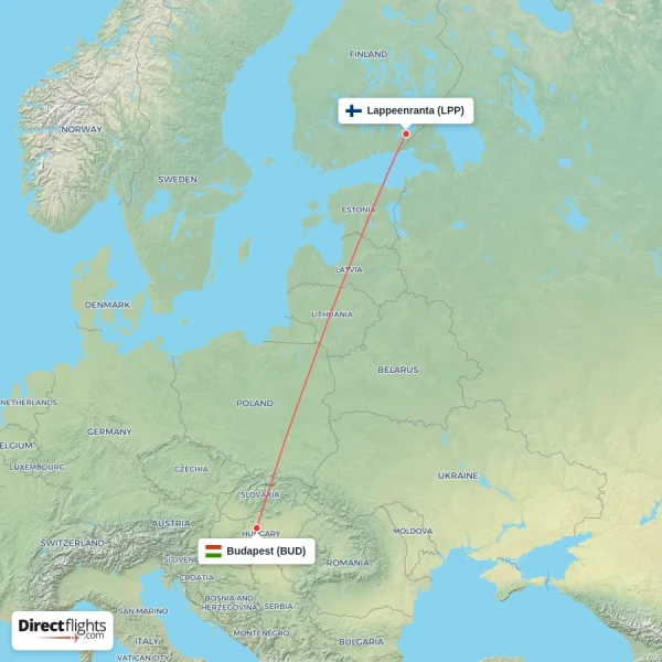 Budapest - Lappeenranta direct flight map