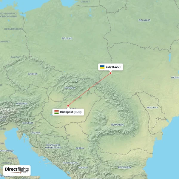 Budapest - Lviv direct flight map