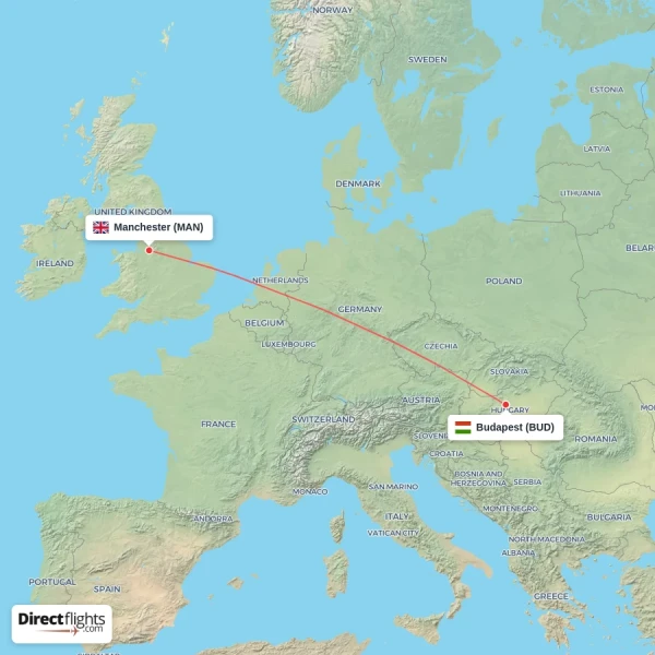 Budapest - Manchester direct flight map