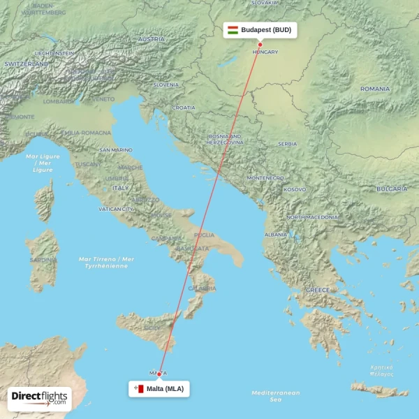 Budapest - Malta direct flight map