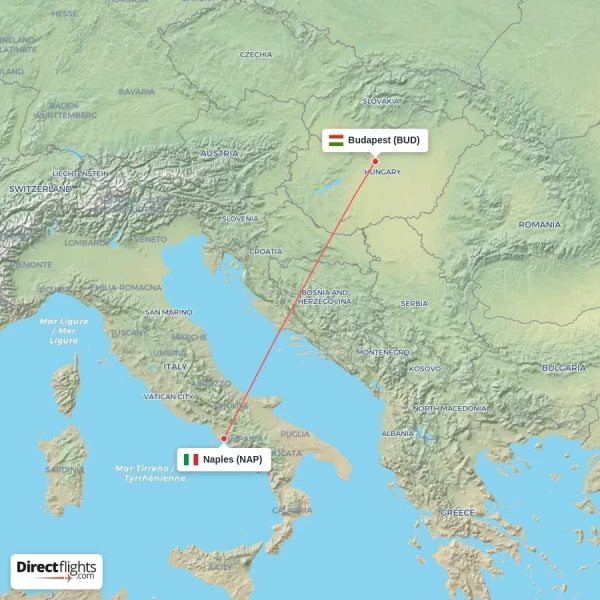 Budapest - Naples direct flight map