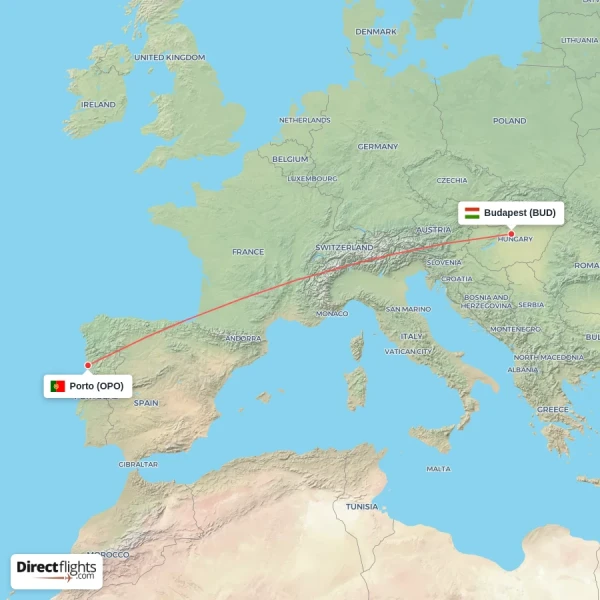 Budapest - Porto direct flight map