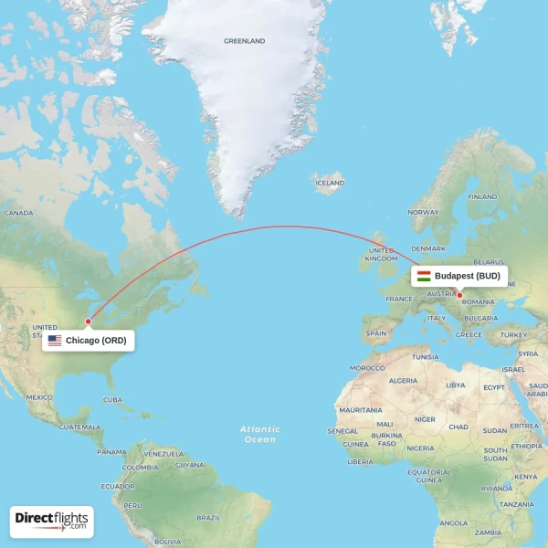 Budapest - Chicago direct flight map