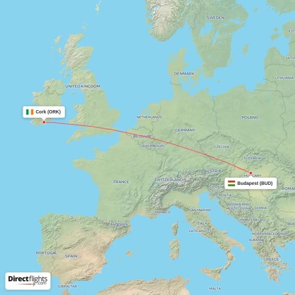 Budapest - Cork direct flight map
