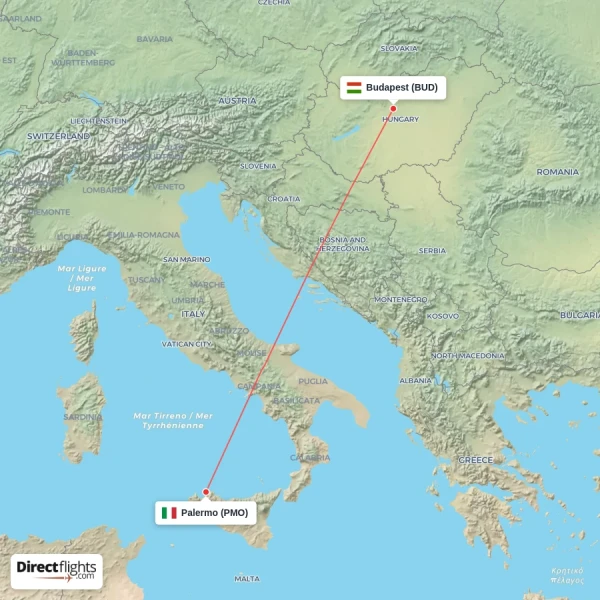 Budapest - Palermo direct flight map
