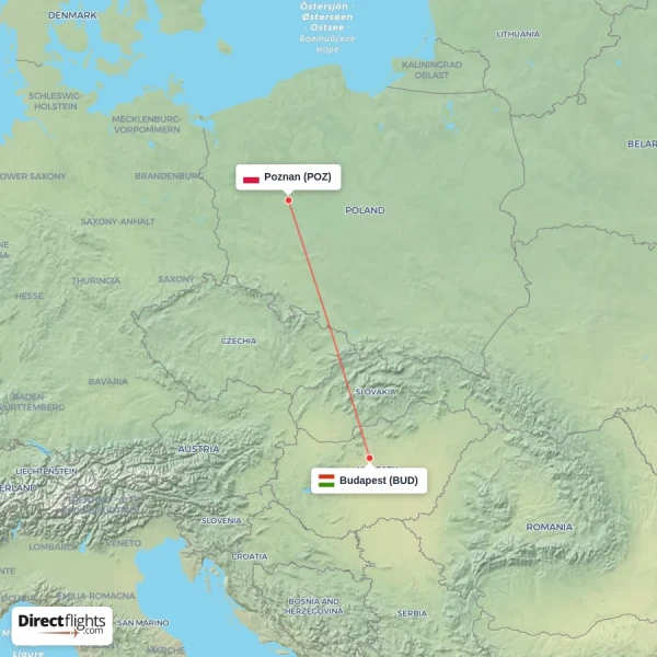 Budapest - Poznan direct flight map