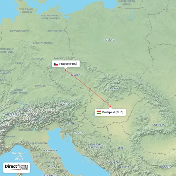 Budapest - Prague direct flight map