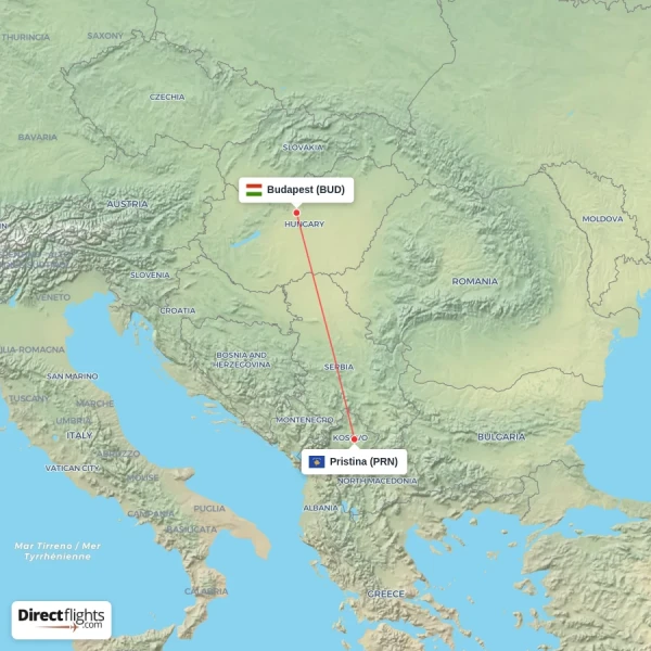 Budapest - Pristina direct flight map