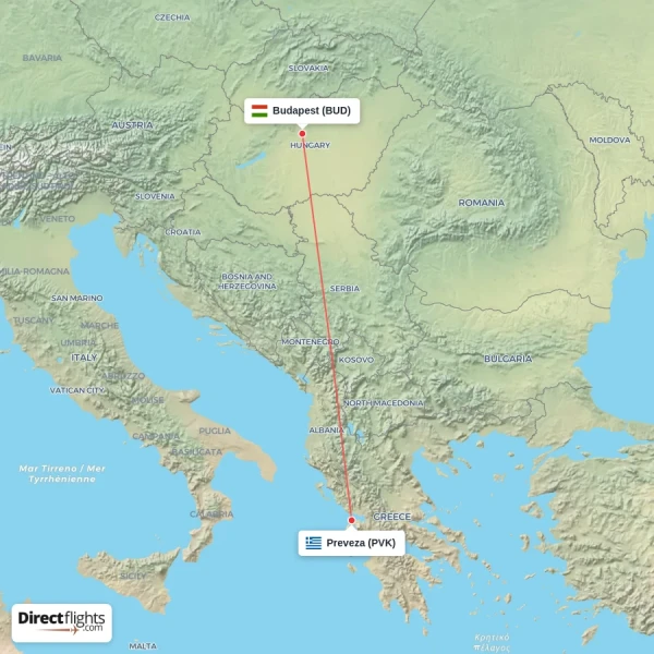 Budapest - Preveza direct flight map