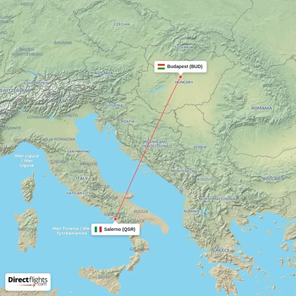 Budapest - Salerno direct flight map