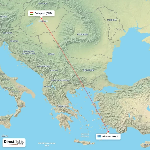 Budapest - Rhodes direct flight map