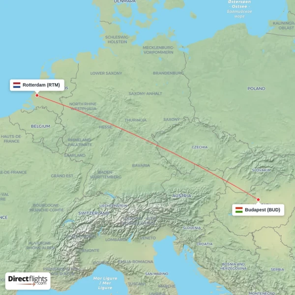 Budapest - Rotterdam direct flight map