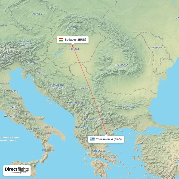 Budapest - Thessaloniki direct flight map