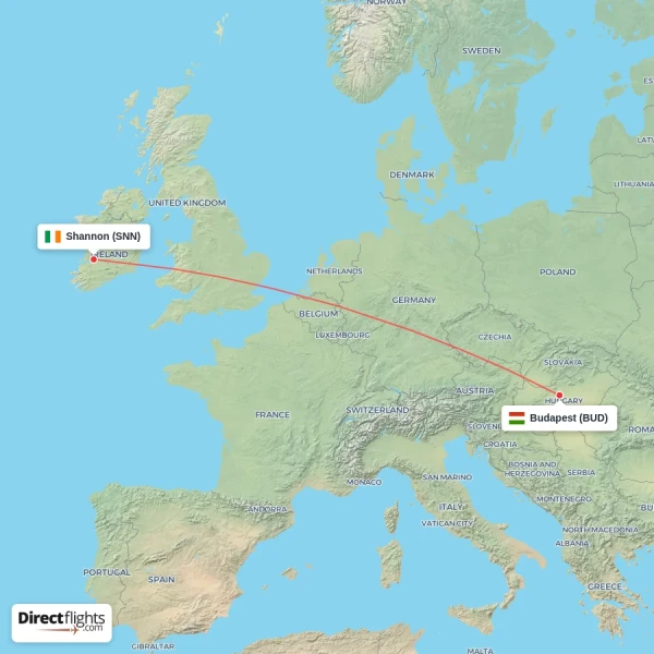 Budapest - Shannon direct flight map
