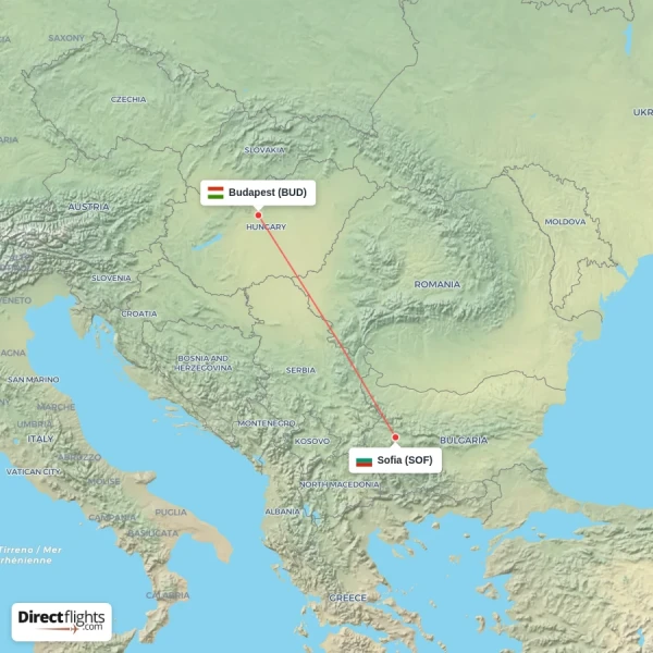 Budapest - Sofia direct flight map